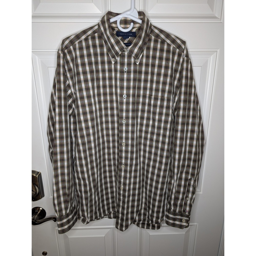 Tommy Hilfiger Mens Large Plaid Button Down Shirt 80s Two Ply Cotton Olive Brown